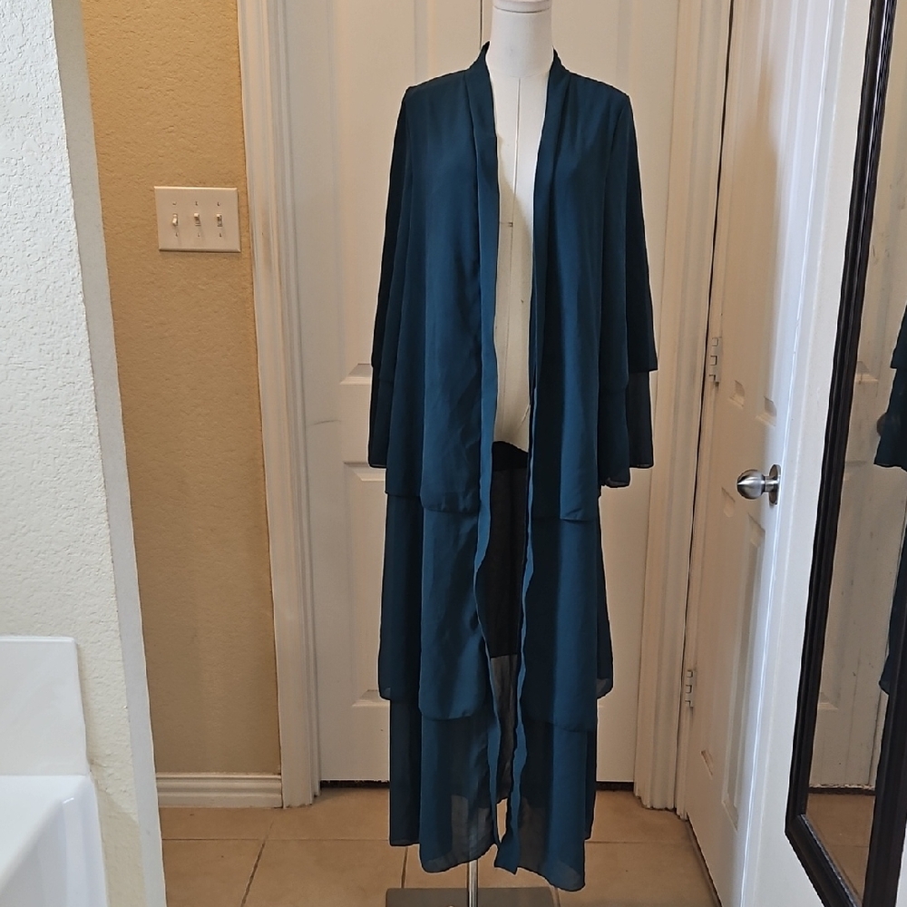 Elegant Teal Long Open Front 3 Tiered Chiffon Cardigan Size Medium